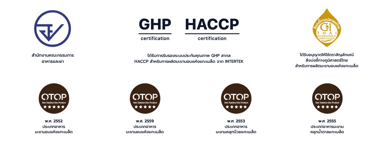ตราสัญลักษณ์มาตรฐานรับรอง อย. GHP HACCP GI ฮาลาล และ OTOP
